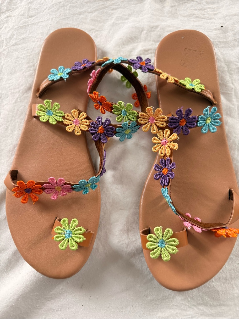 Tan Sandals with Multicolor Floral Embroidery